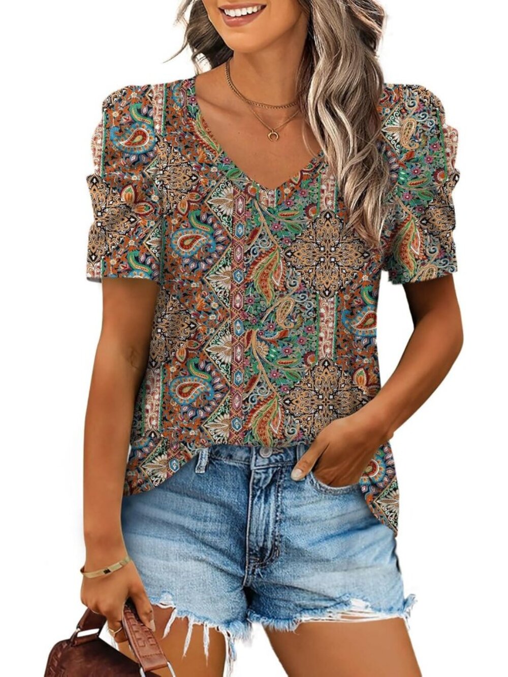 Women's Black Printed Polyester Blend Puff Sleeve V Neck Pull On Henley Shirts